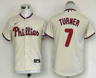 Youth Philadelphia Phillies #7 Trea Turner Cream Stitched MLB Cool Base Nike Jersey